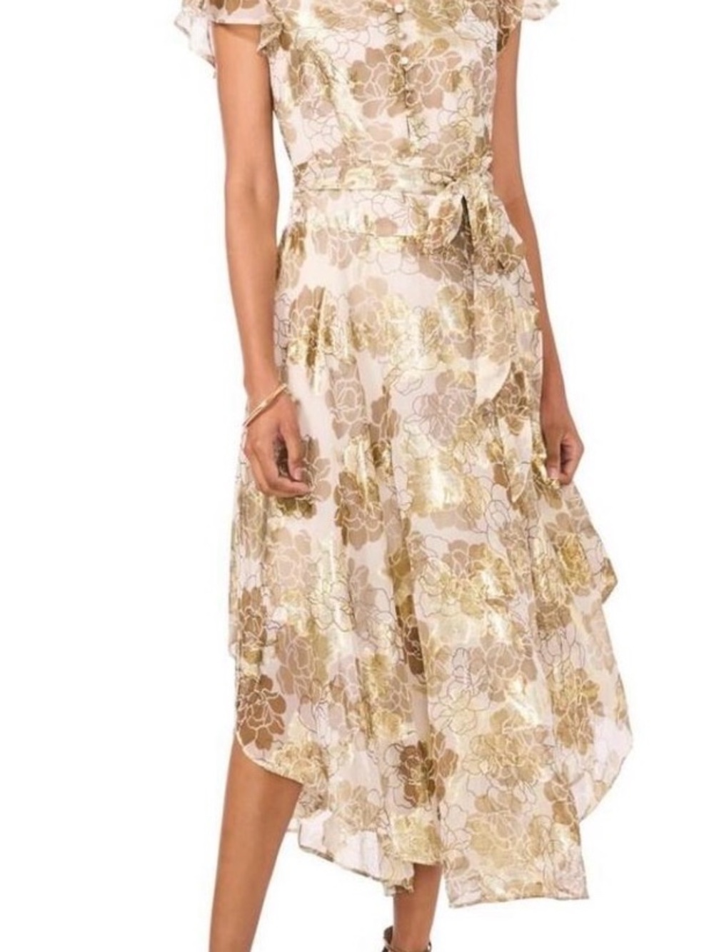 Vince Camuto Cream and Gold Floral High-Low Midi Dress